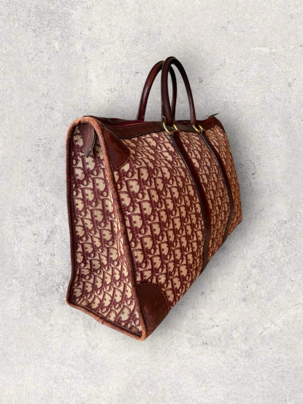 Vintage Dior Trotter Monogram Weekender Bag - Burgundy and Cream - Picture 2 of 3